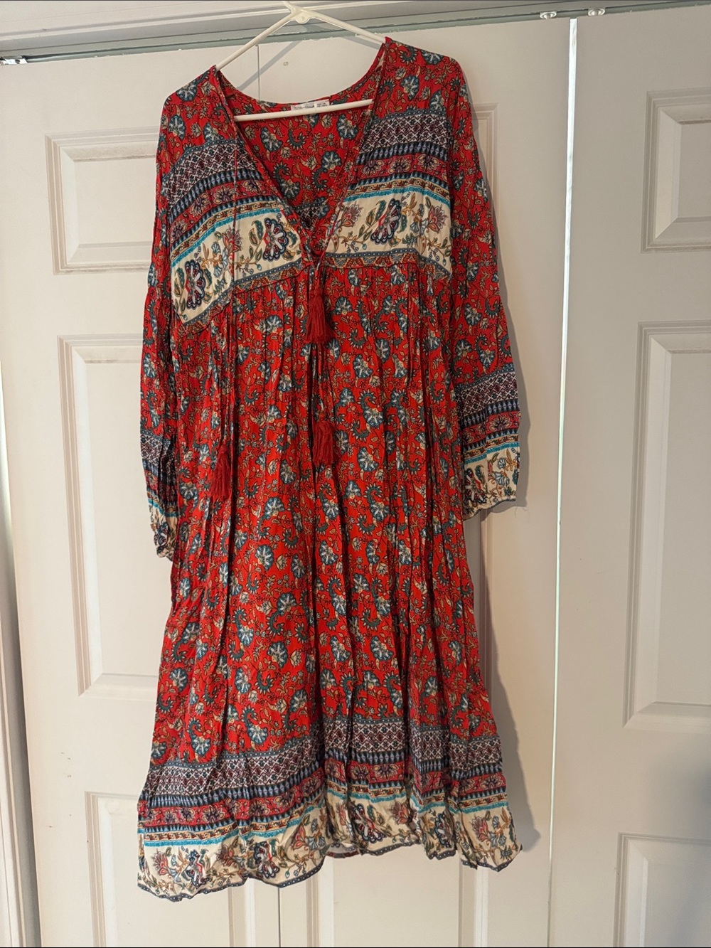 Boho Red Floral Peasant Dress with Tassel Tie
